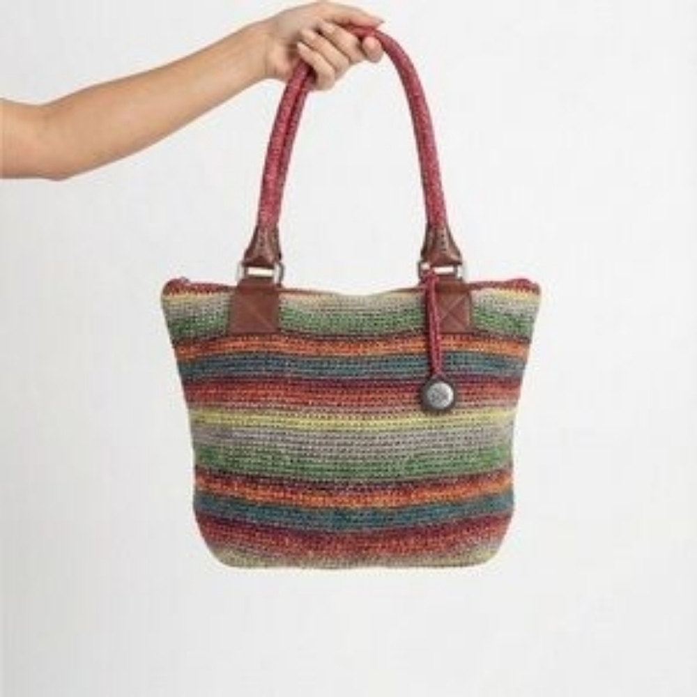 THE SAK Cambria Crochet Multi Color Gypsy Boho Stripes Tote Shoulder Bag
